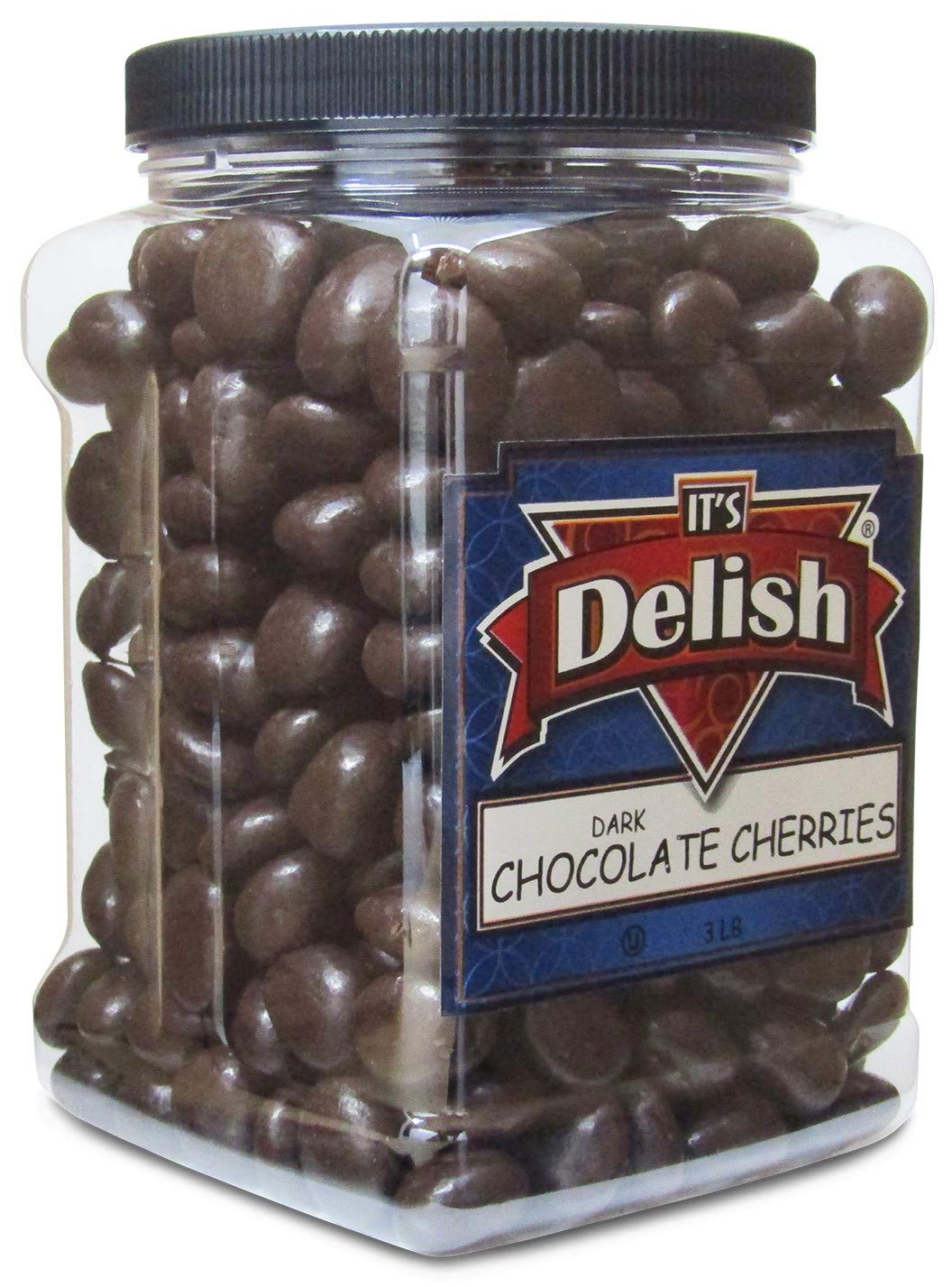 Gourmet Dark Chocolate Covered Cherries by It's Delish, 3 lb Jumbo Reusable Container | Premium Dark Bittersweet Chocolate Coated Dried Cherries - Kosher Parve Vegan