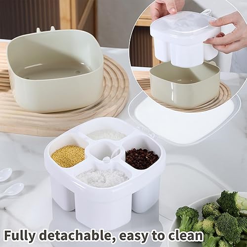 Miniatura 5 de VXYW Caja de condimentos de plástico, tarro de condimentos de 4 compartimentos con 4 cucharas, recipiente cuadrado para especias para sal, azúcar,