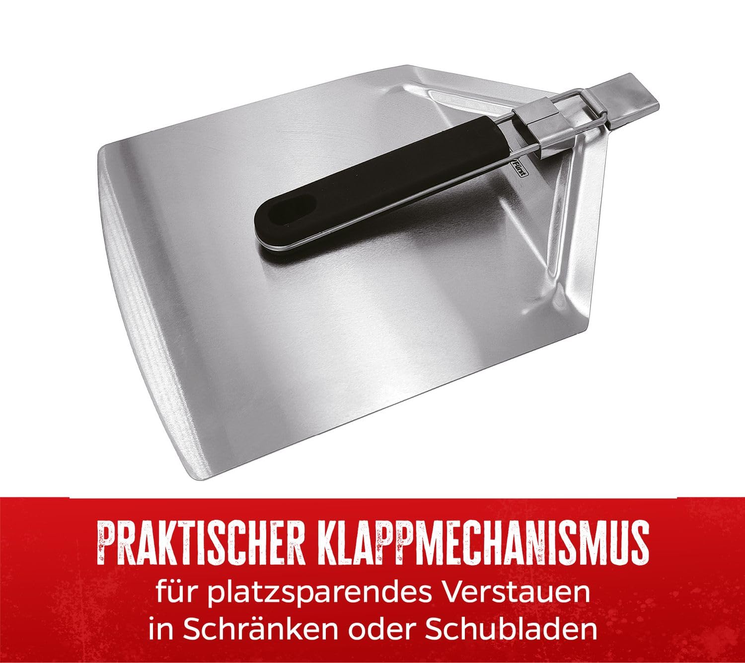 Grillfürst Pizzaheber aus Edelstahl, klappbar - Pizzaschaufel für Brot, Flammkuchen u. v. m., Pizzaschieber mit Einer Fläche von 24 x 25 cm