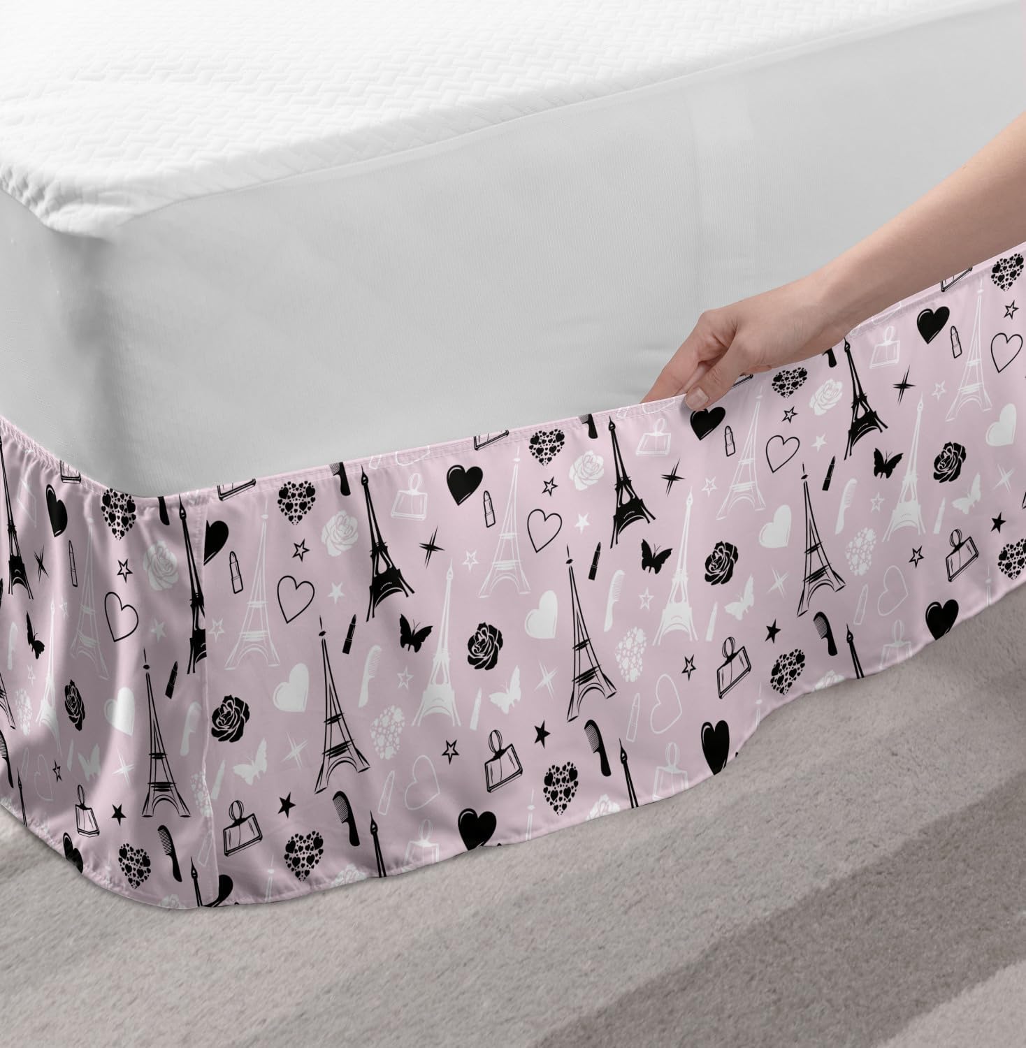 Lunarable Paris Bed Skirt, Romantic France Vacation Theme Eiffel Tower Hearts Rose Bouquet Valentines, Elastic Bedskirt Dust Ruffle Wrap Around for Bedding Decor, Queen, Pale Pink Black White