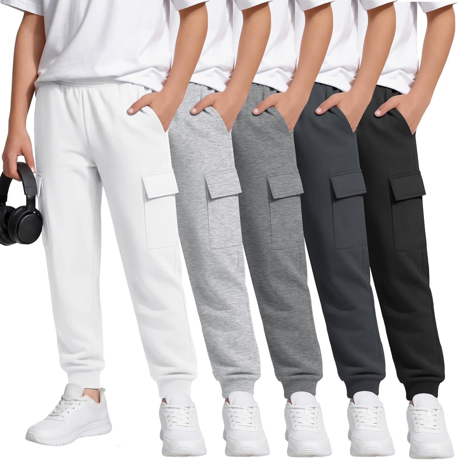 5 Pack Boys Cargo Sweatpants Kids Athletic Joggers Elastic Waist Casual Sport Pants with 4 Pockets 5-14 Years