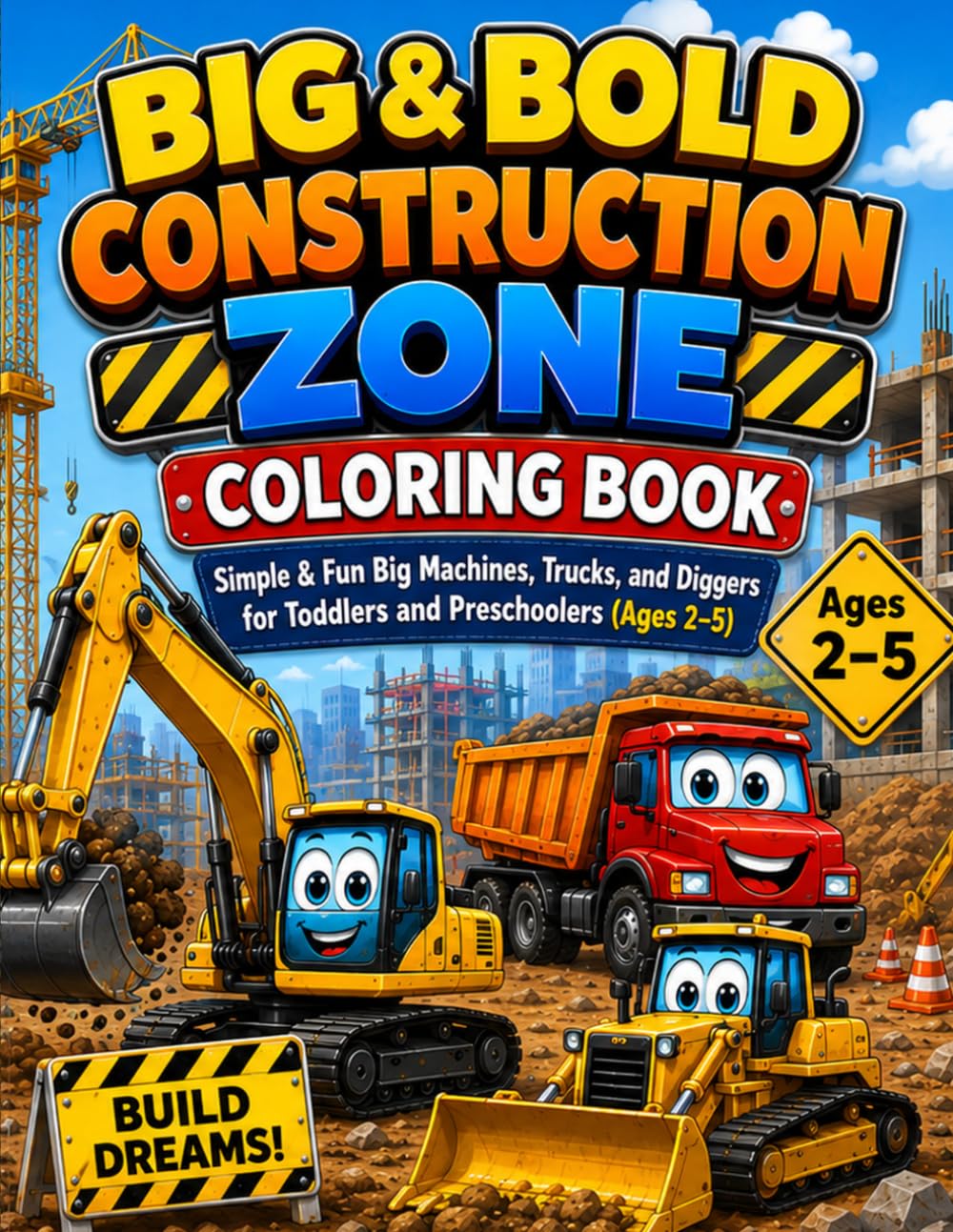 Big & Bold Construction Zone Coloring Book: Simple & Fun Big Machines, Trucks, and Diggers for Toddlers and Preschoolers (Ages 2-5)