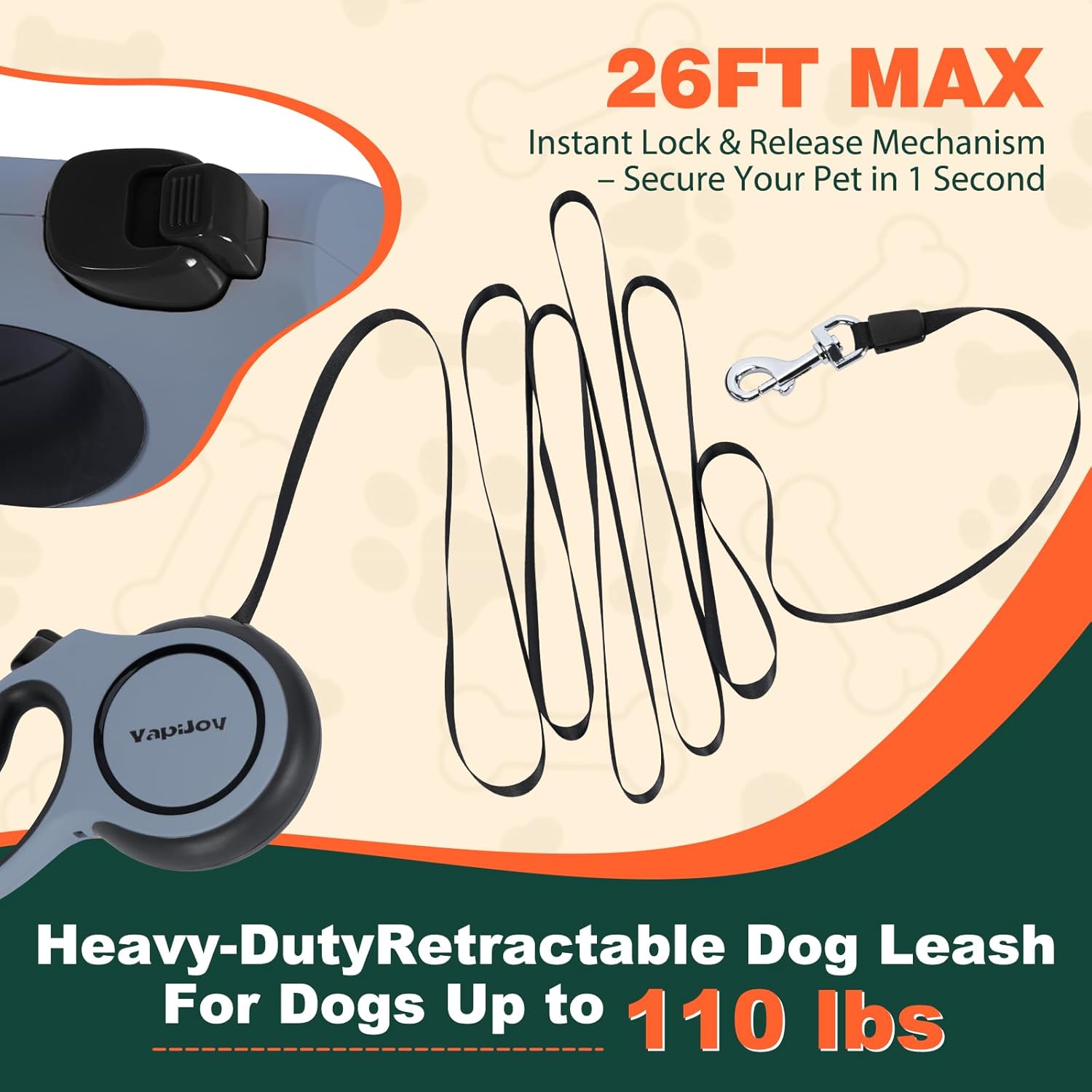 Retractable Dog Leash, 26ft Heavy Duty Retractable Pet Leash with Poop Bag Holder, 360° Tangle-Free for Small Medium Large Dogs Up to 110lbs, Anti-Slip Handle,One-Handed Brake Pause Lock（Gray）