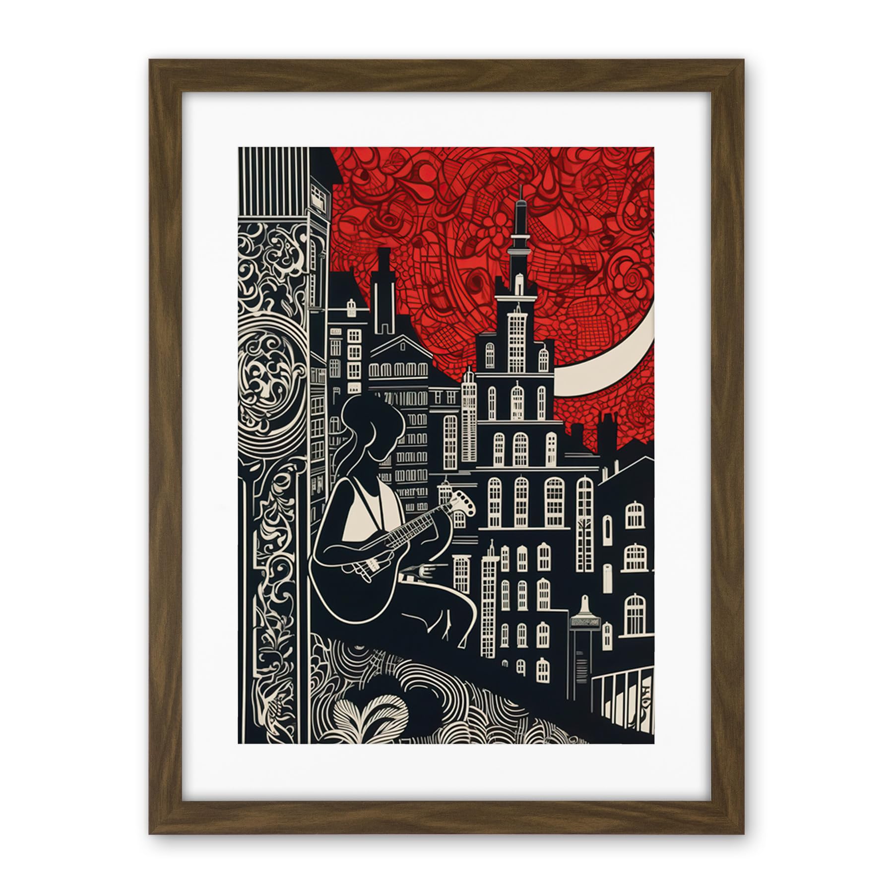 Artery8 Street Musician Guitarist in Edinburgh Cityscape Artwork Framed Wall Art Print 18X24 Inch