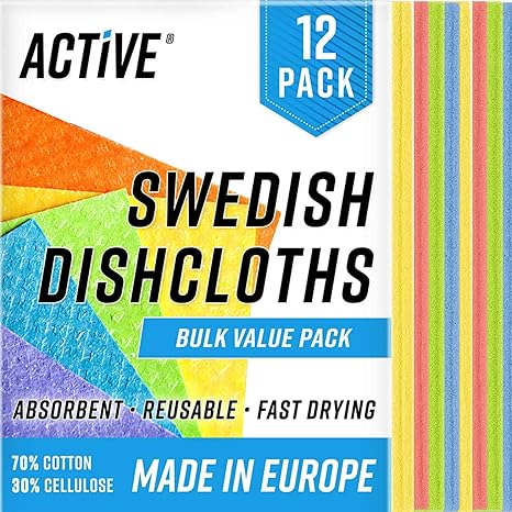 ACTIVE Swedish Dish Cloths for Kitchen 12 Pack Cellulose Sponge Cloth, Washable Dishcloths for Washing Dishes, Original European Dish Towels, Absorbent Reusable Paper Towels - Multicolor Assorted