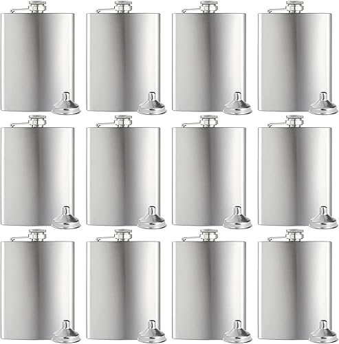 BALABALA Frascos de cadera para licor para hombres y mujeres, 12 piezas de 8 onzas de acero inoxidable plateado con 12 embudos para boda, fiesta,