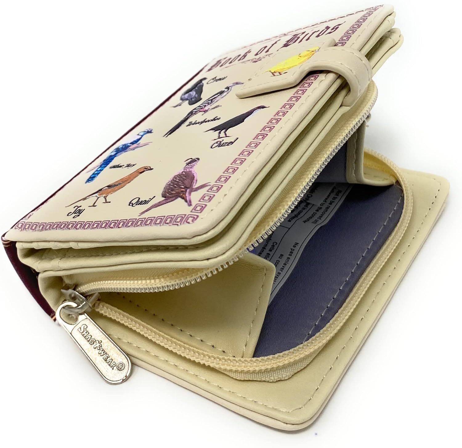 Shag Wear Book of Birds Small Women’s Wallet, Vegan Faux Leather Bifold with Card Slots, ID Window and Compact Snap Closure in Beige 4.5"
