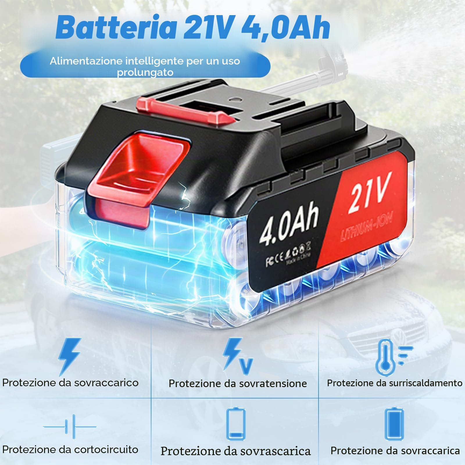 Idropulitrice a Batteria, Pistola Idropulitrice da 21V, Dotata di 2 Batterie da 4000 mAh, Ugello Multifunzione 6 in 1, Tubo da 5M, Batteria per Lavaggio Auto e Giardino
