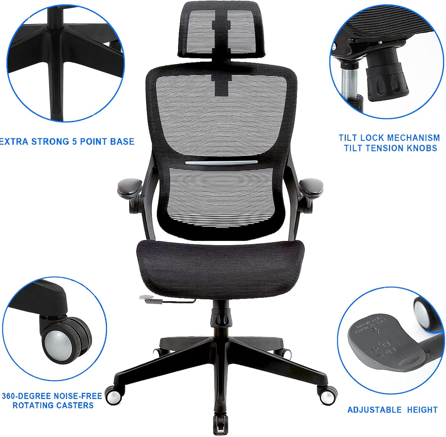 Ergonomic Office Chairs, Mesh Desk Chair with Adjustable Headrest and Seat Height, Flip-up Armrest Executive Chair, High Back Computer Chair, BIFMA Passed Task Chairs with 5-Year Warranty : Home & Kitchen