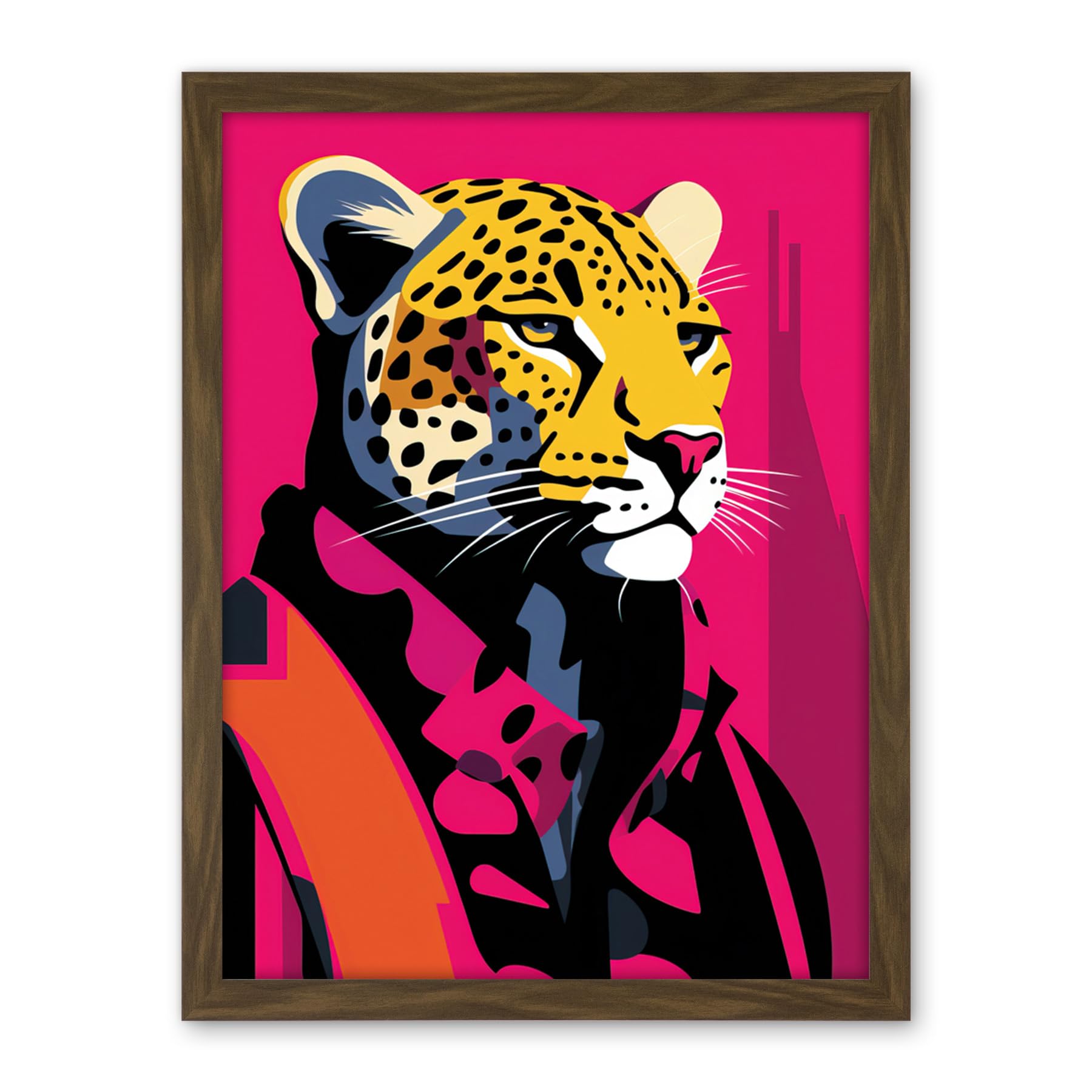 Artery8 Strong Leopard in Suit Bold Artwork Orange Pop Art Hot Pink Vibrant Portrait Artwork Framed Wall Art Print 18X24 Inch