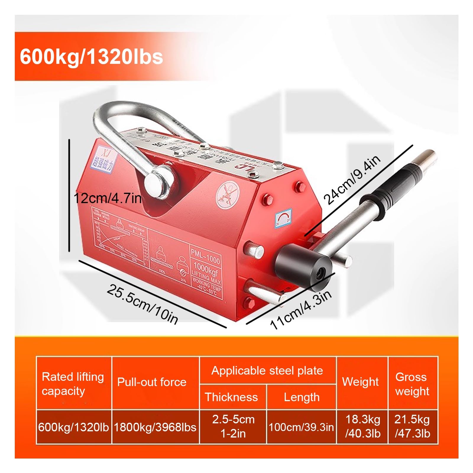 Permanentmagnetheber, Starker Magnetspreizer, Hebemagnet mit Auslösefunktion, Sicherheitsfaktor 3,0, für Stahlmarkt, Fabrik, Dock(600kg/1320lb)