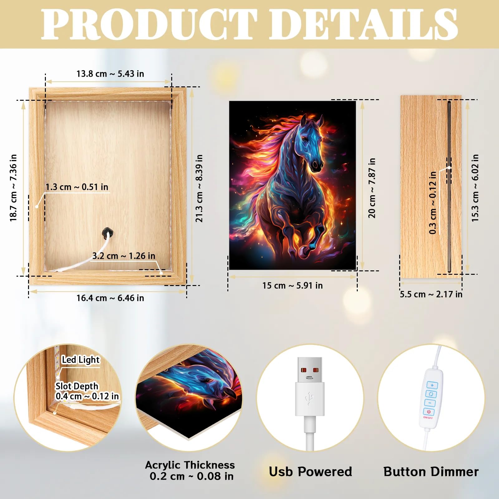 Light Up Painting, Fire Horse Wall Art Picture Light Colorful Horse Light Up Desktop Art Decor, 10 Brightness, USB Powered, 3 Lighting Modes, Anxiety Relief Gift for Bedroom Home - Without Frame