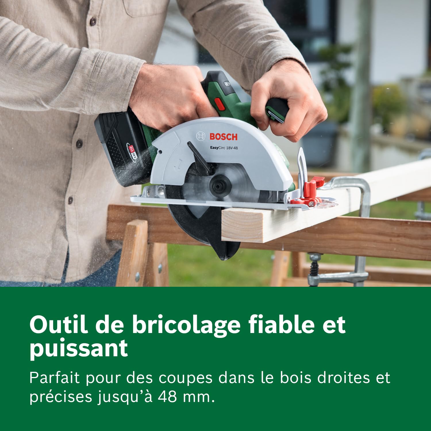 Bosch 18V System scie circulaire sans fil EasyCirc 18V-48 (découpe de bois et dérivés jusqu’à 48 mm ; avec adaptateur d’aspiration, butée parallèle)