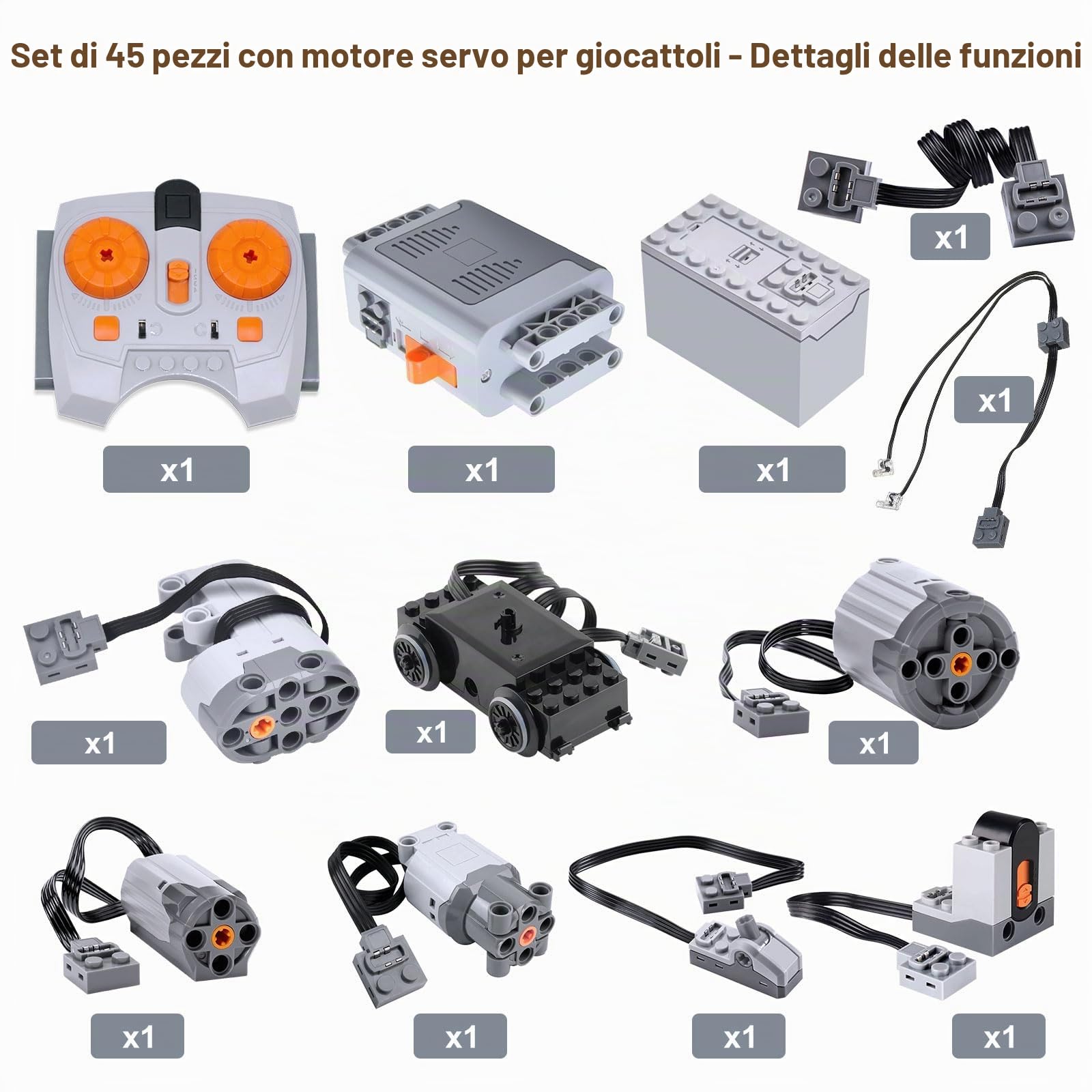 Servo Motor Power Toy Function Set, 45 PCS Motori Elettrici Giocattolo con M/L/XL/Servo/Train-Motor, Scatola Batterie, Telecomando IR, Cavo di Prolunga