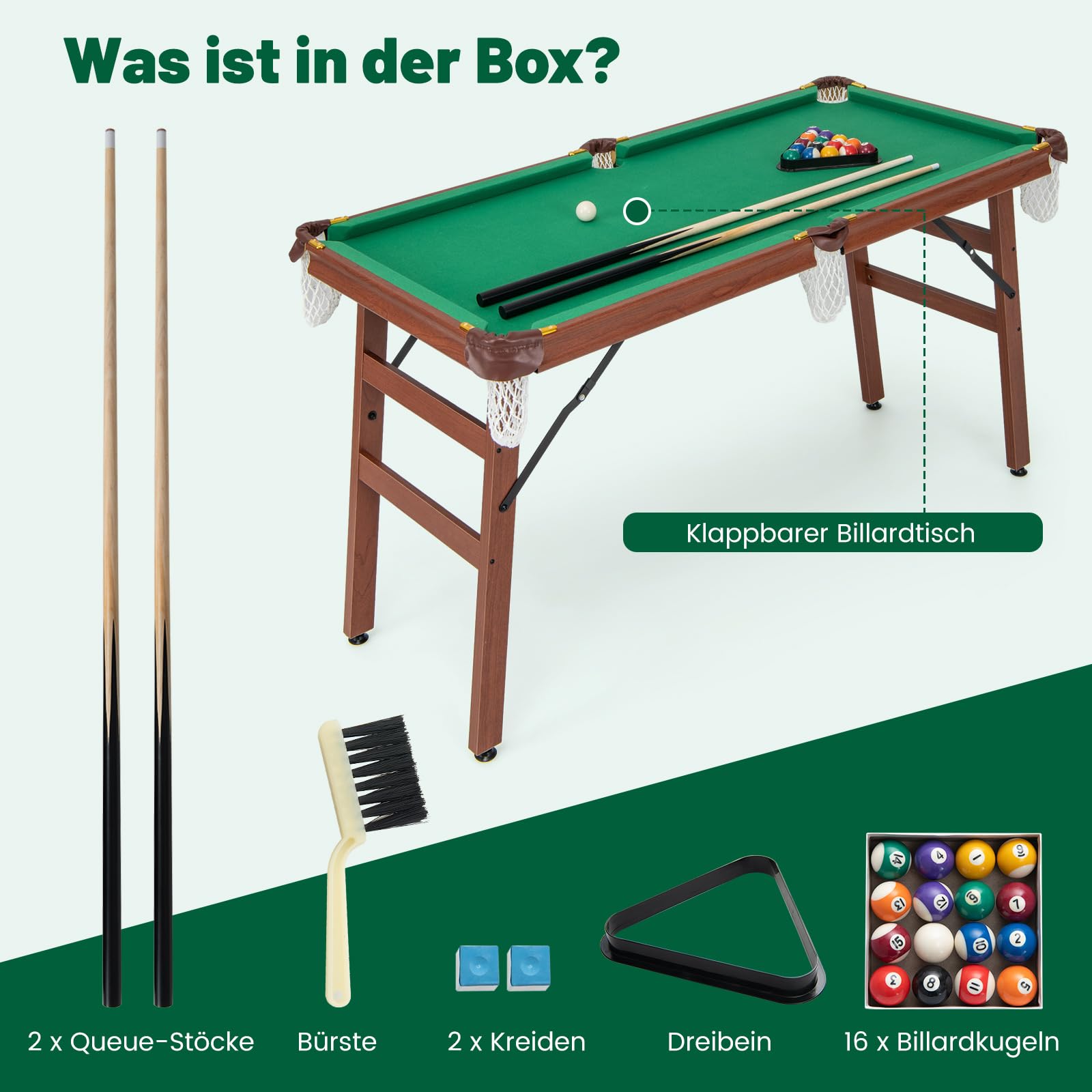 COSTWAY Billardtisch Klappbar, 138 x 67 x 79,5 cm, inkl. 2 Queues, 16 Billard, 2 Kreiden, Dreieck, Bürste