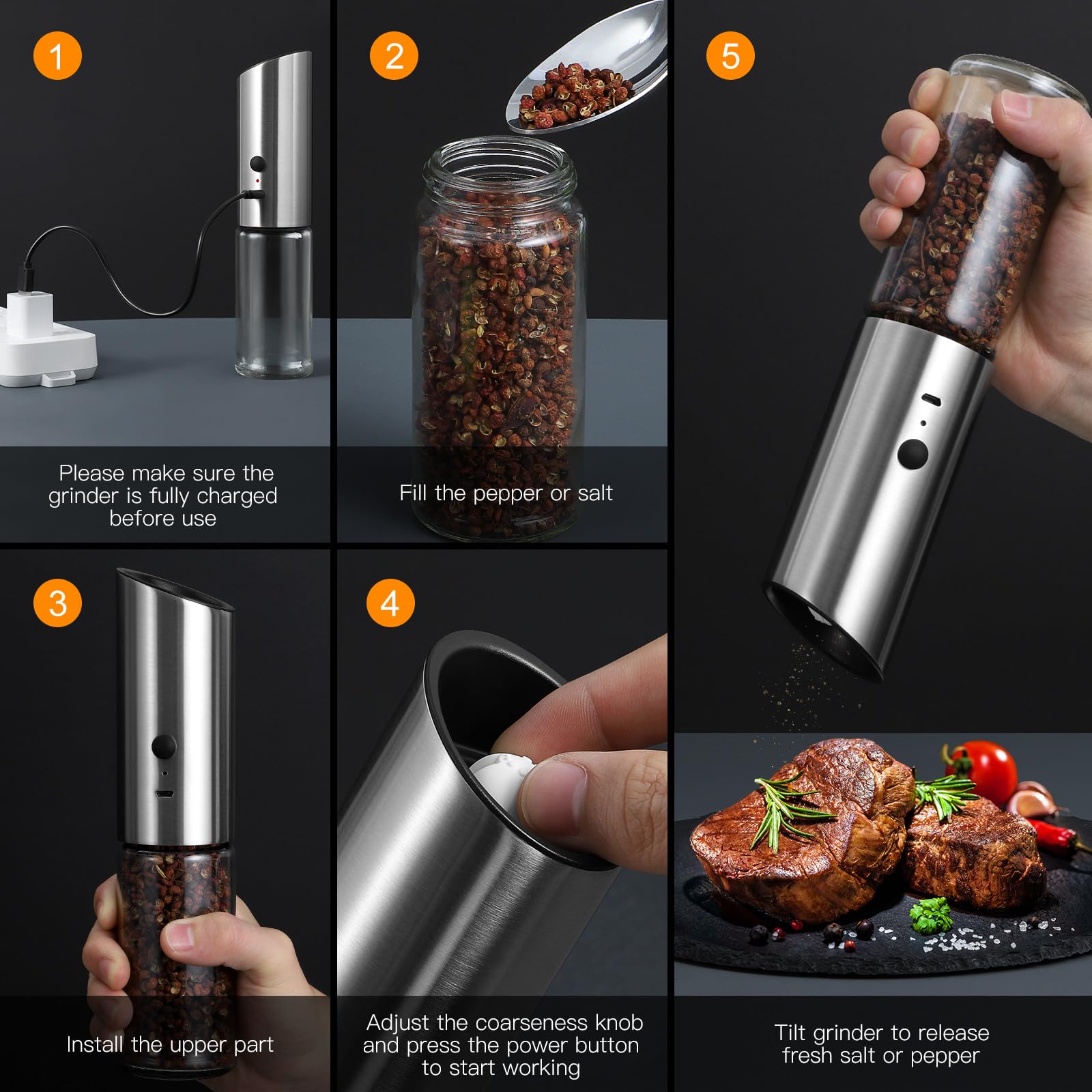 iplusmile Elektrische Pfeffermühle aus Edelstahl Verstellbarer Mahlgrad mit USB Aufladung und Einhändiger Bedienung für Salz und Gewürze für Camping und Picknick