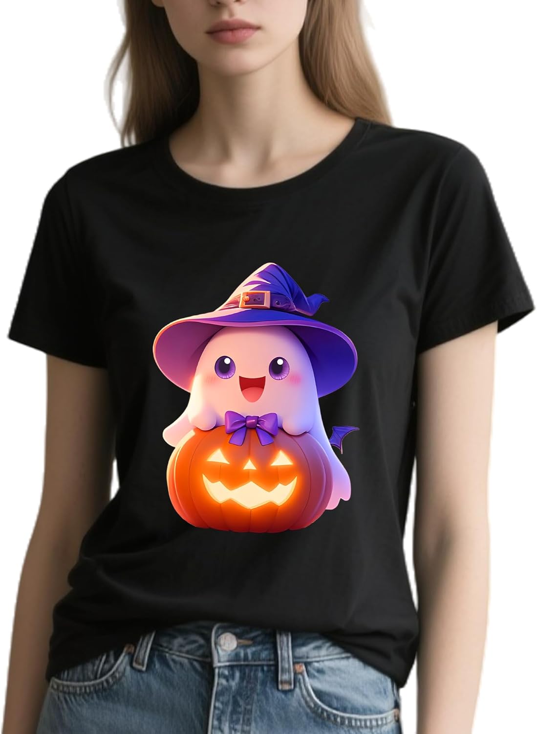 Halloween Shirts for Women - Pumpkin Ghost Wizard Hat Pattern Round Neck Short Sleeve - Image 2
