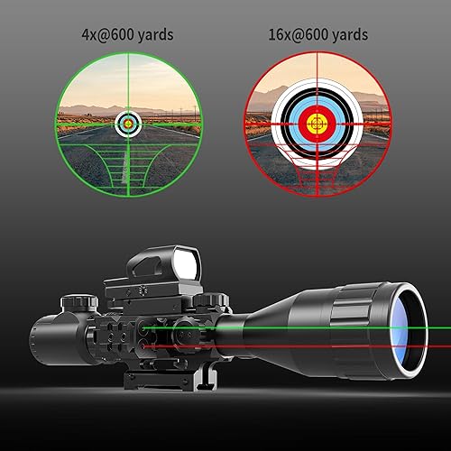 Vista 19 de UUQ 4-12 & 16X50 AO Rifle Scope Rojo/Verde Iluminado Telémetro Retícula W/Láser Verde - Vista de punto rojo reflejo holográfico - 5 modos de brillo