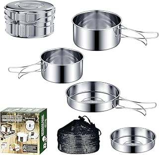 Logei Camping Cookware Set, Camping Crockery Set, 304 Stainless Steel Cooking Pot with Pan, Outdoor Cookware, Portable, Foldable Cutlery, Outdoor Pot Set, Stackable Picnic Pot for Hiking, Picnic