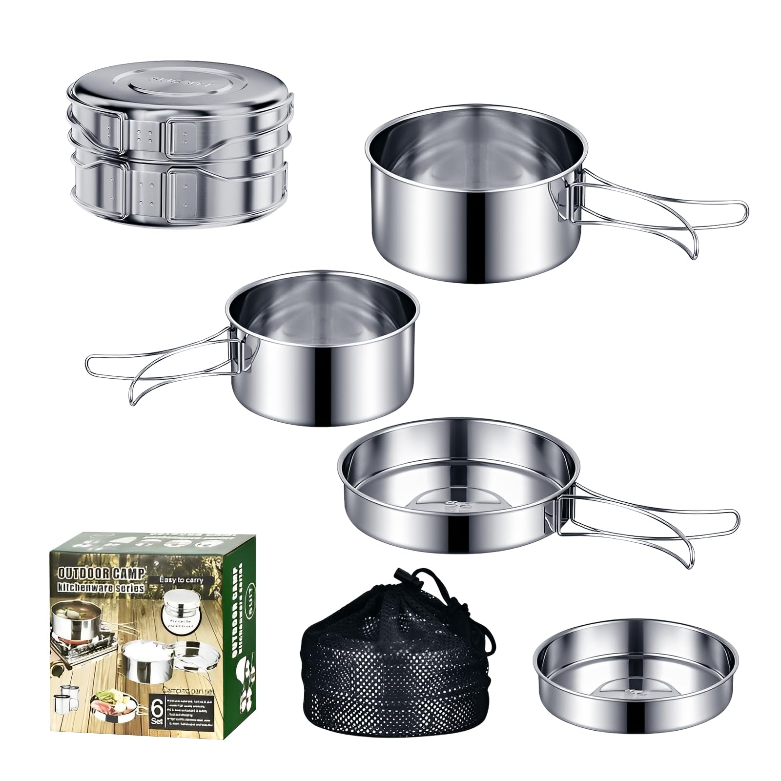 set di pentole e stoviglie da campeggio in acciaio inox 304, padella inclusa, portatile, pieghevole, impilabili, per escursioni, picnic, viaggi