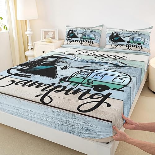 Vista 4 de Erosebridal Happy Camping - Juego de sábanas tamaño matrimonial para cámper, sábanas rústicas de casa de campo, accesorios de campamento, sábana