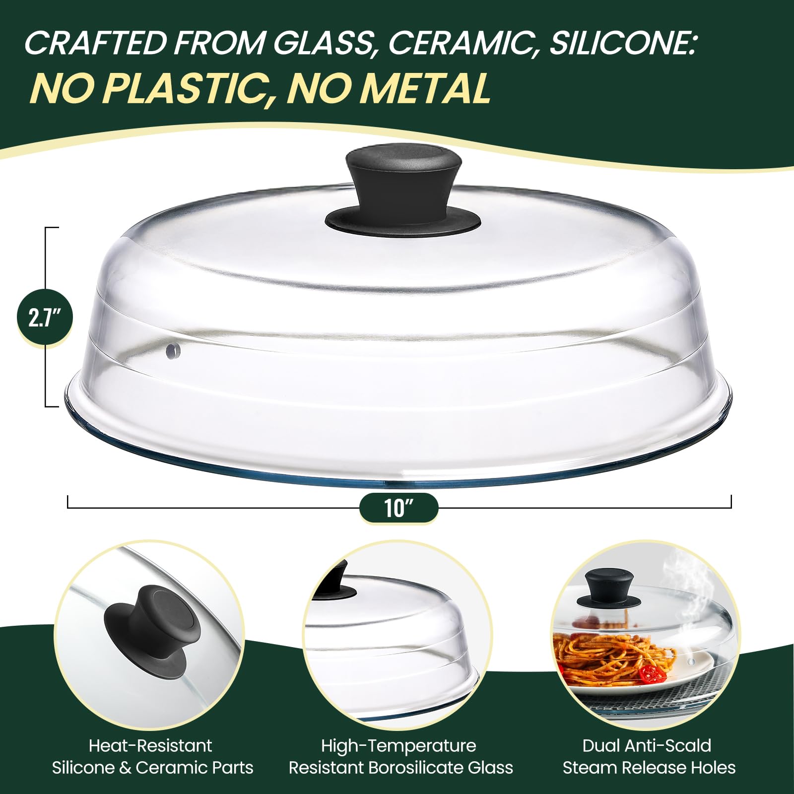 Condition photo showing New/Like New for 2 in 1, glass microwave splatter cover for food & microwave place mat, plate splatter guard lid with easy grip silicone handle knob, borosilicate glass with vent hole, food grade, no plastic, 10in