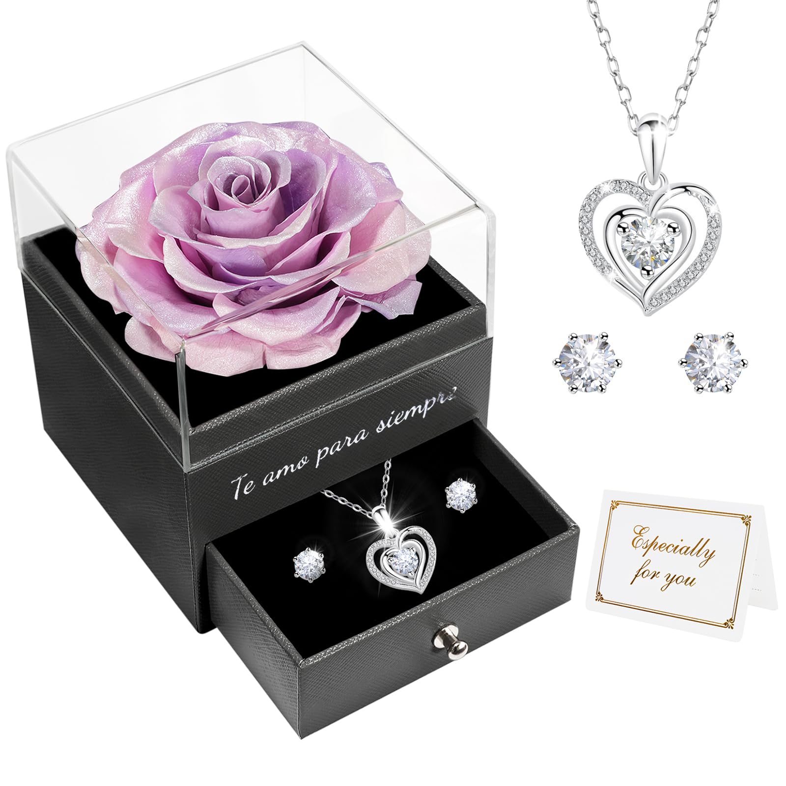 Miofula Rosa Eterna Regalos Originales para Mujer,Flores Preservadas Caja de Regalo con Collar y Aretes,Regalo Aniversario Pareja,Regalo Mujer Cumpleaños,Regalo Mama Novia Dia de la Madre San Valentin