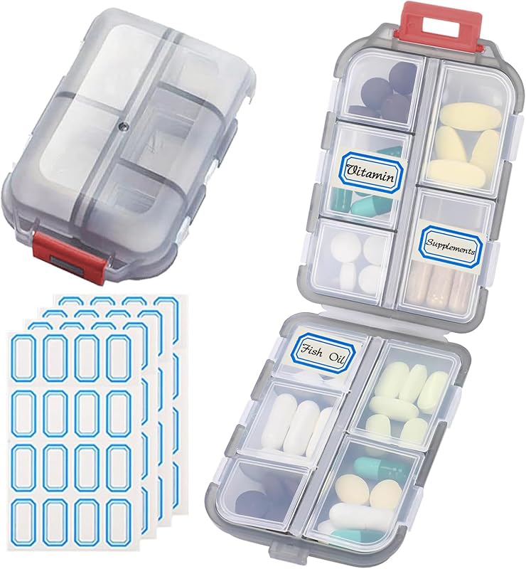 Travel Pill Organizer Portable Pocket Pill Case Small Pill Box for Purse Medicine Organizer Have 10 Compartments Storage Vitamin Fish Oil by INVODA (1PCS Gray+Lables)