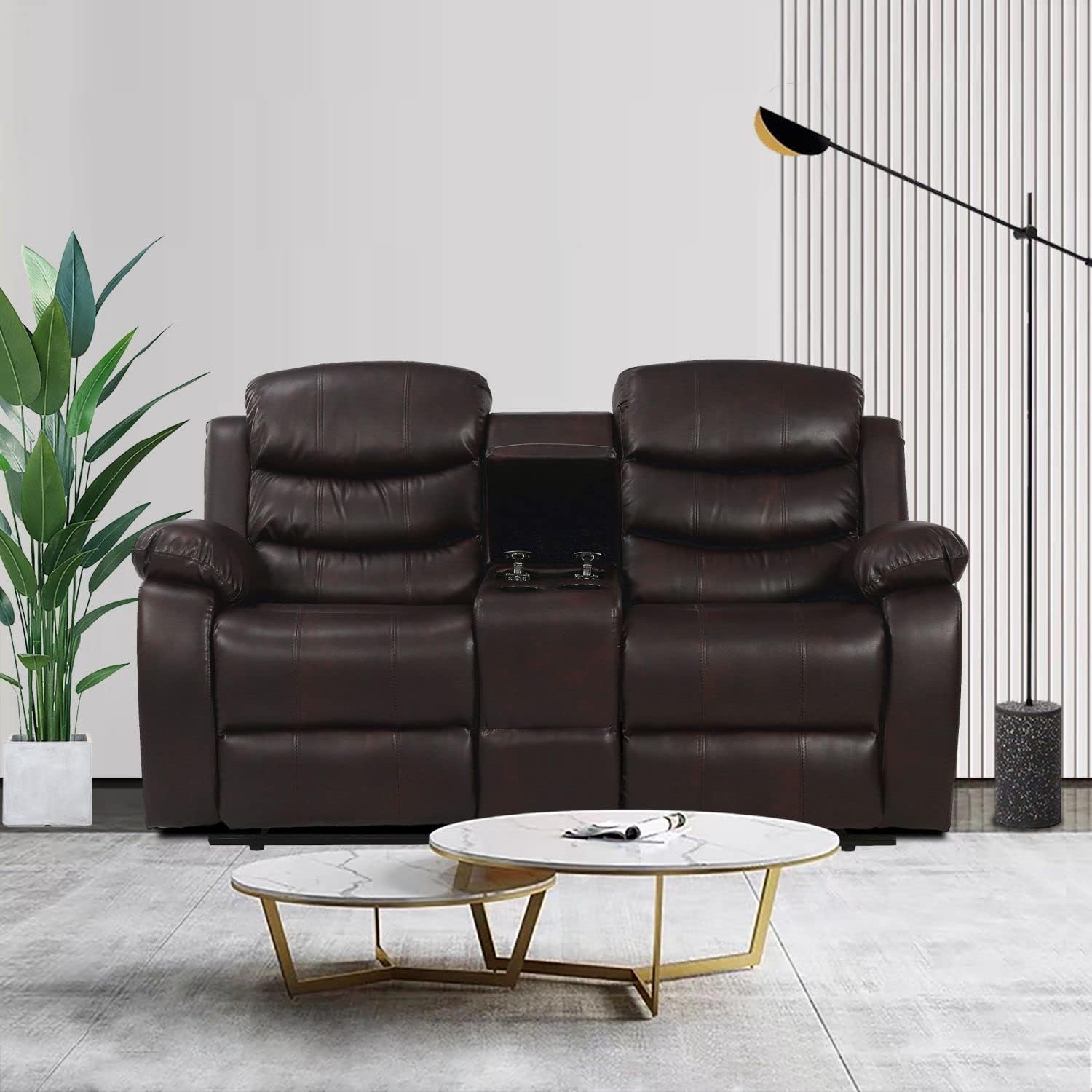 Eafurn Faux Leather Double Recliner Loveseat Console, 2 Seater Love Home Theater