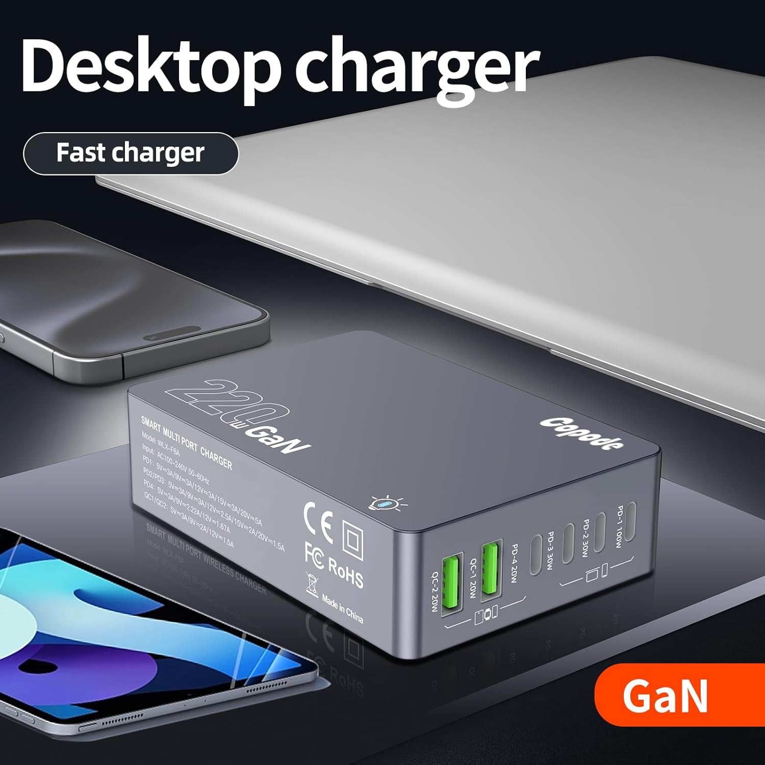 220W USB C Charger Block, 6-Port GaN USB C Charging Station PD 100W PC Laptop Fast Charger Adapter Compatible with iPhone 17, Galaxy 25, MacBook,ipad and More Devices(Gray) - Image 8