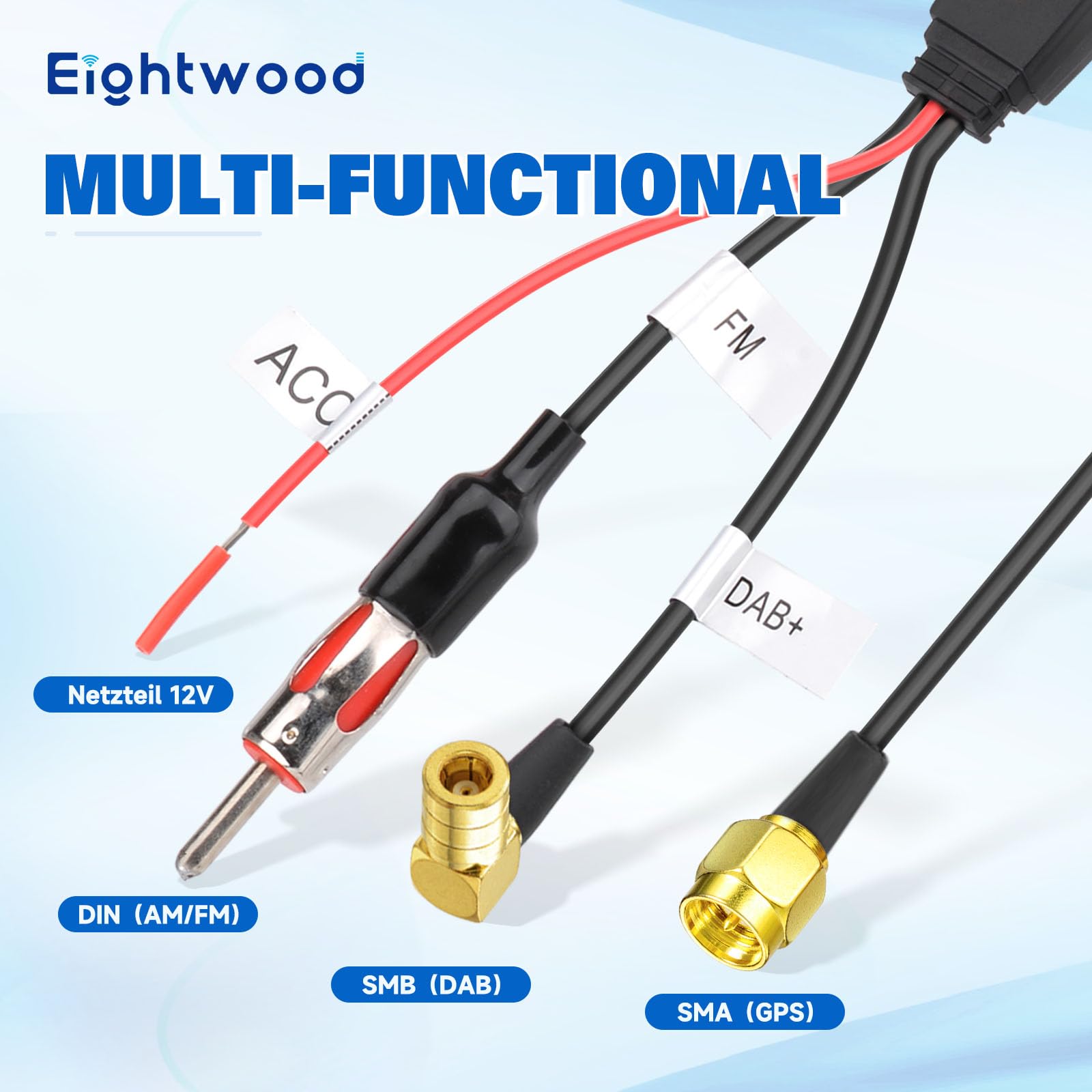 Eightwood DAB DAB+ antena do radia samochodowego, rozdzielacz anteny AM/FM, GPS, antena dachowa rekina antena samochodowa ze wzmacniaczem sygnału, antena SMB, wtyczka SMA, adapter DIN z kablem
