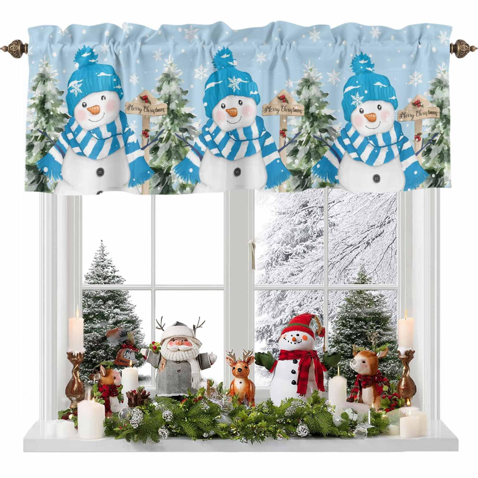 Lsrtoss Blue Snowman Christmas Valances for Windows, Xmas Tree Farmhouse Short Window Curtain Valances, Snowflake Botanical Rod Pocket Kitchen