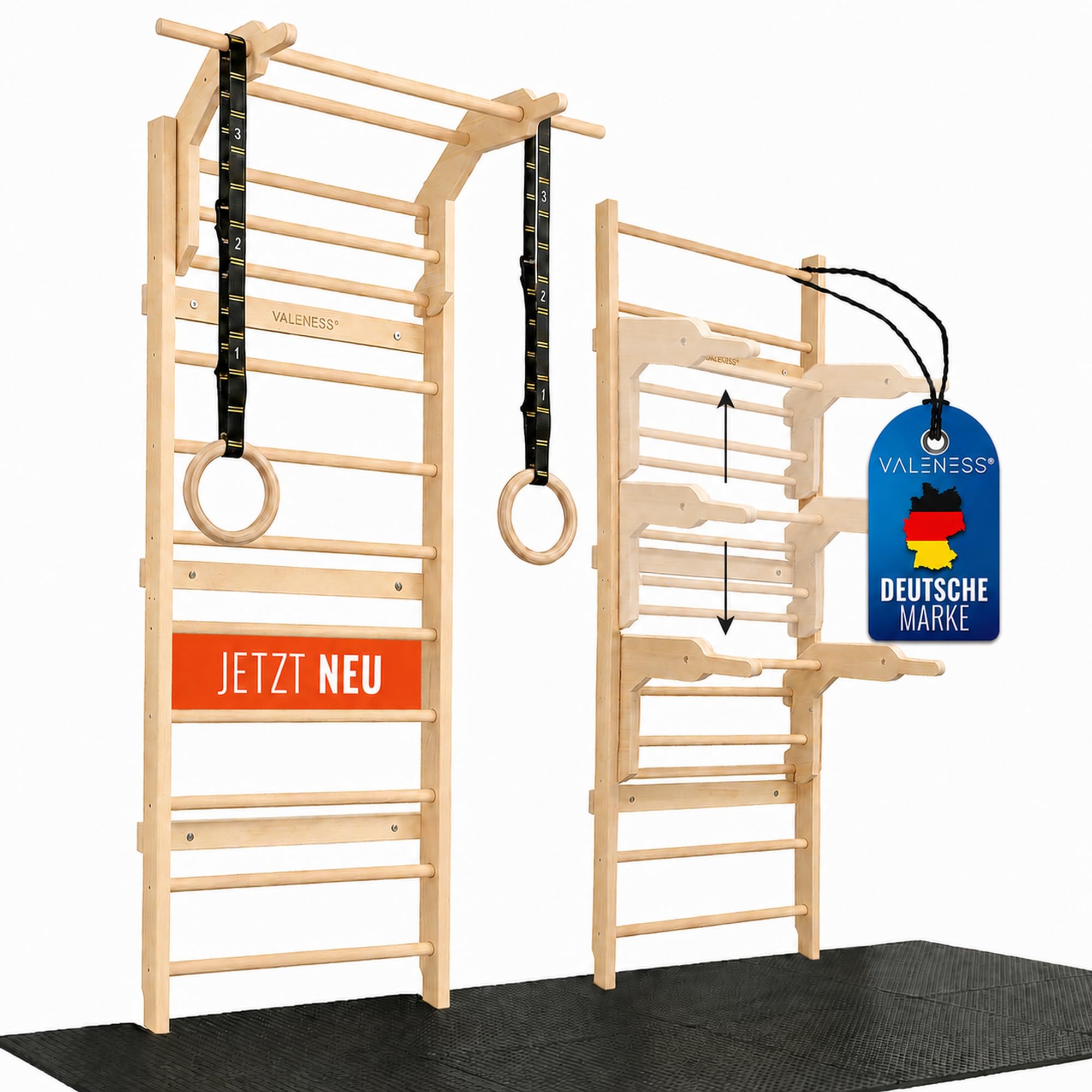 VALENESS® NEU Sprossenwand aus Holz mit Klimmzugstange, Dip-Station & 2 Turnringen – höhenverstellbar, für Erwachsene & Kinder – Kletterwand Indoor fürs Kinderzimmer & Home Gym, bis 150 kg