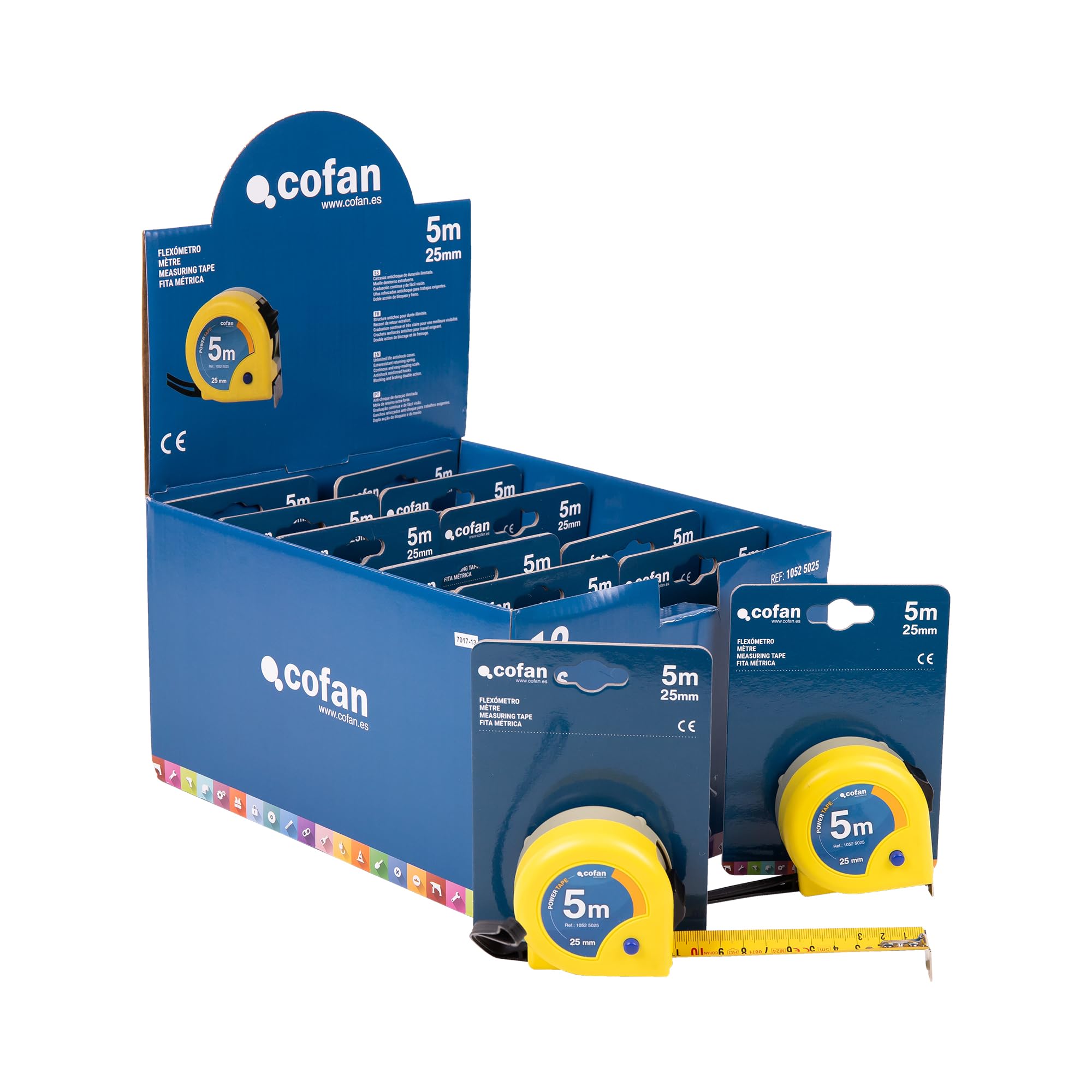 Cofan Cofan - Espositore per flessometri con blocco a lama, include 12 flessometri | Flexometro 5 m x 25 mm (foglia) | Misura espositore: 22 x 28 x 15,5 cm