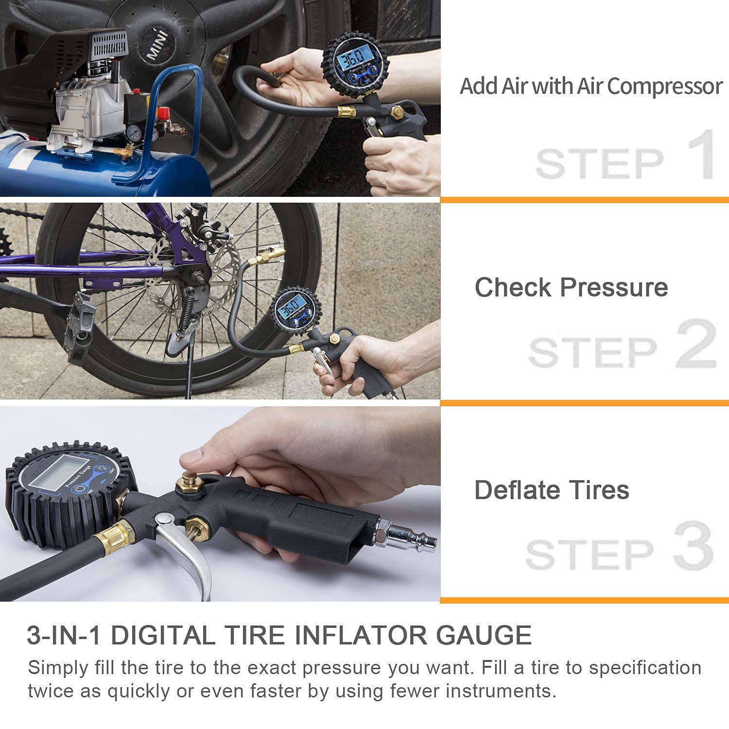 ZHICHEN Digital Tire Inflator with Pressure Gauge，200 PSI Heavy Duty Air Compressor Accessories 11pcs Set w/Lock on Air Chuck, Rubber Hose and Quick Connect Coupler, Gift for Men