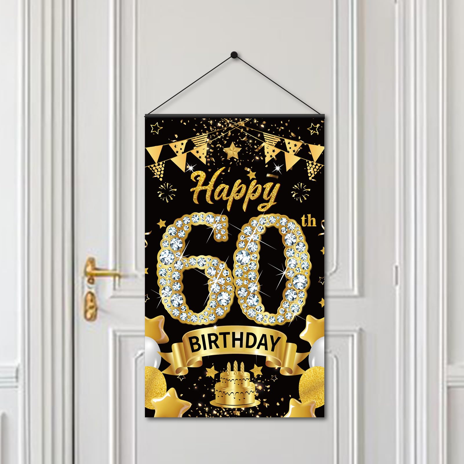 Eiurteao 60th Birthday Decorations Door Banner Sign for Men Women, Happy 60 Birthday Door Hanging Party Supplies, Black Gold Sixty Year Old Bday Wall