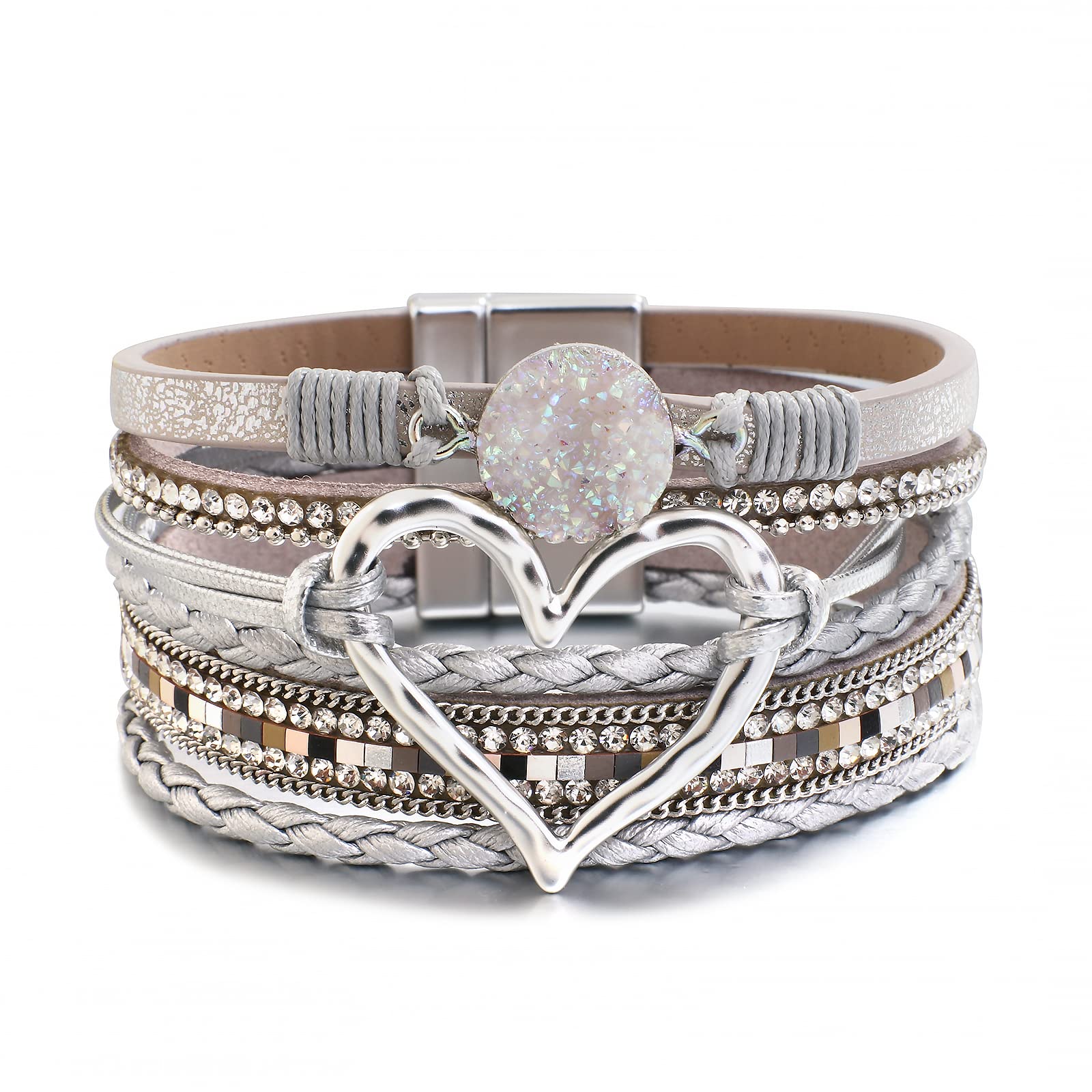 leather wrap bracelet for women beaded cuff bracelet with heart-shape decor bohemian crystal bracelet jewelry with clasp bangle bracelet for women girls birthday holiday gift