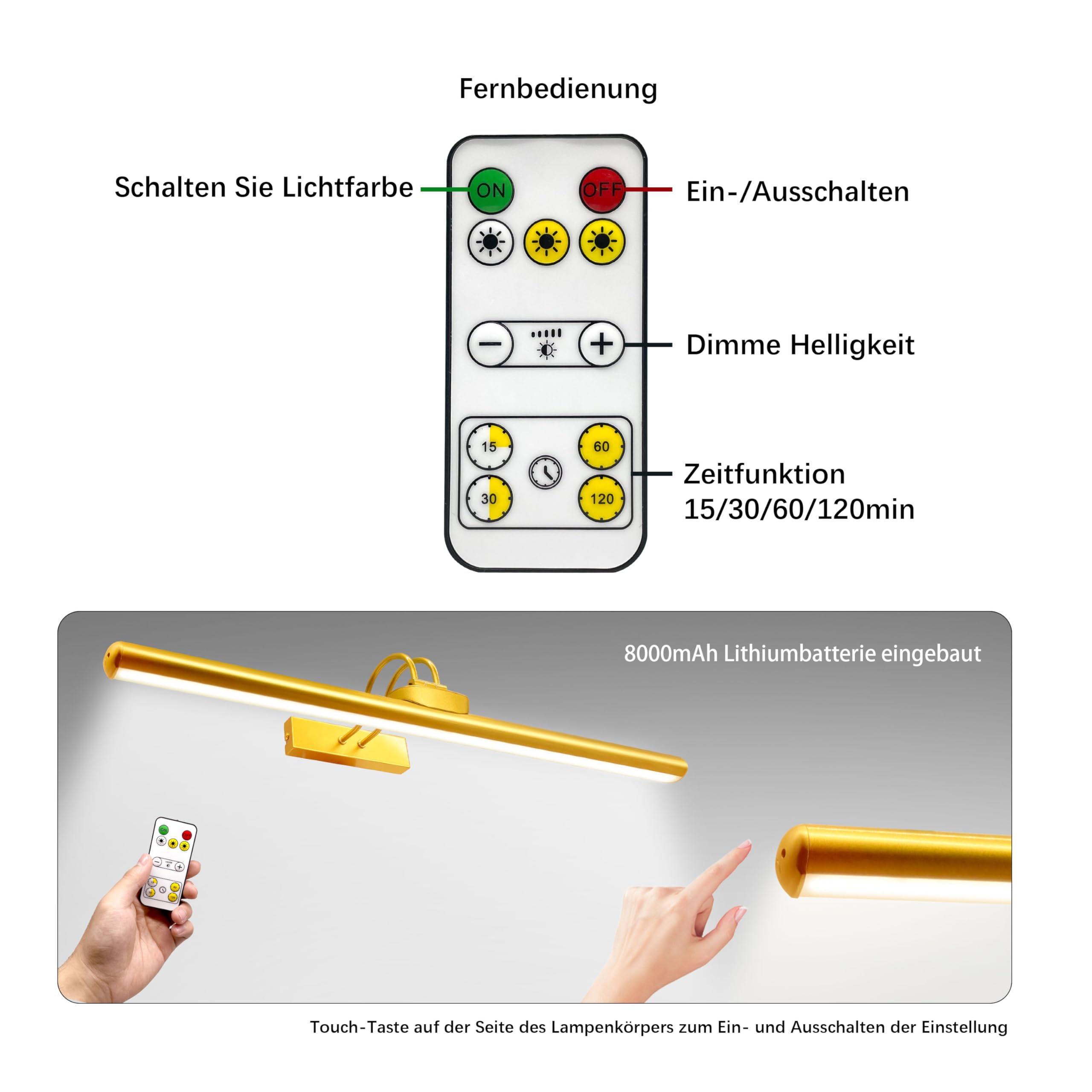 LED Bildbeleuchtung Kabellos Innen, Aufgeladenes Akku-Kunstleuchten mit Fernbedienung, Dimmbare Magnet Touch Lichtleiste Wandlampe, Bildbelicht für Schreibtisch Wand Spiegel, (Golden 1 Stück)