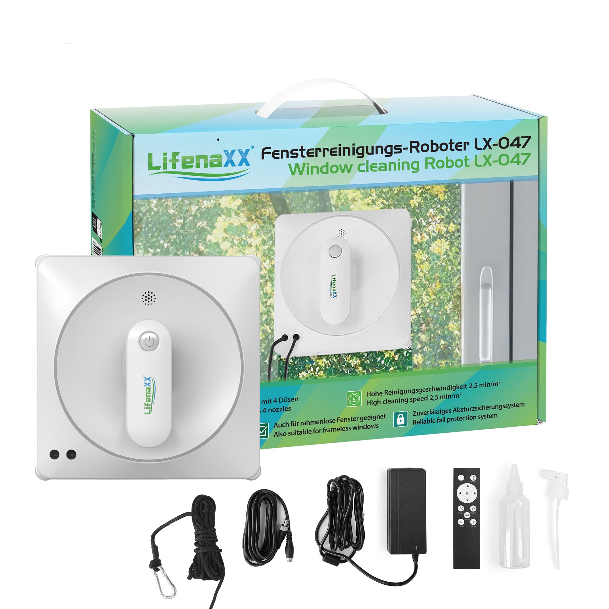 Robot limpiacristales Lifenaxx LX-047, limpiador de ventanas eléctrico con 4 boquillas de pulverización, alta potencia de succión de 4500Pa, gran depósito de agua de 100 ml, 4 modos de limpieza