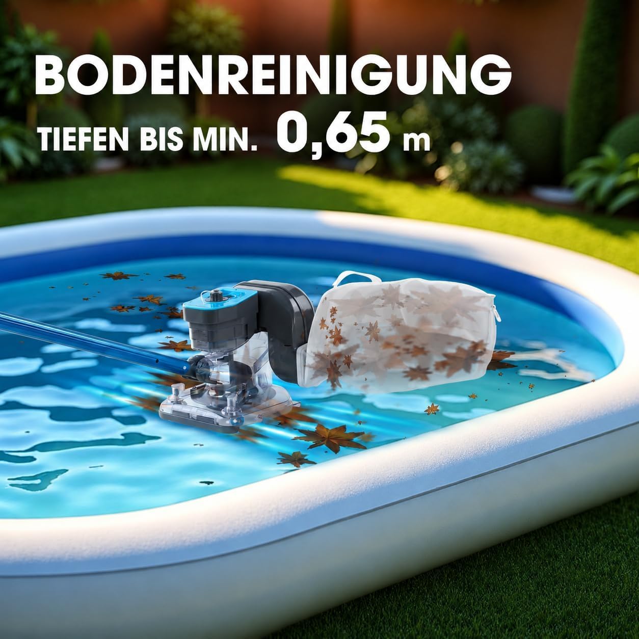 Poolstaubsauger Kabellos, 6800 L/h, Boden & Oberfläche | Wiederaufladbar mit zwei Filterbeuteln; reinigt tiefe, flache und Oberflächenbereiche in Aufstell- und Einbaupools.