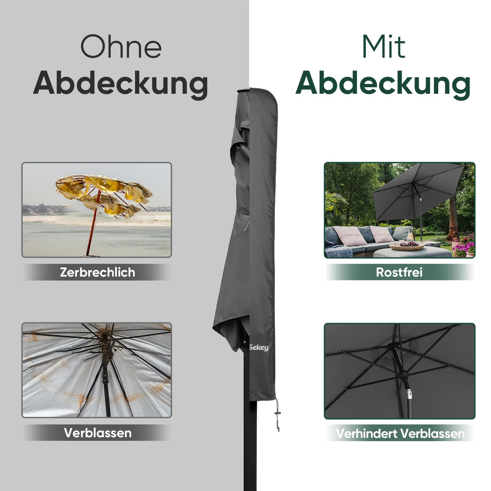 Sekey Beschermhoes voor parasols met een diameter van 200 cm / 200 cm × 150 cm / 200 cm × 125 cm, afdekhoes voor parasol, 100% polyester, waterdicht en uv-bestendig