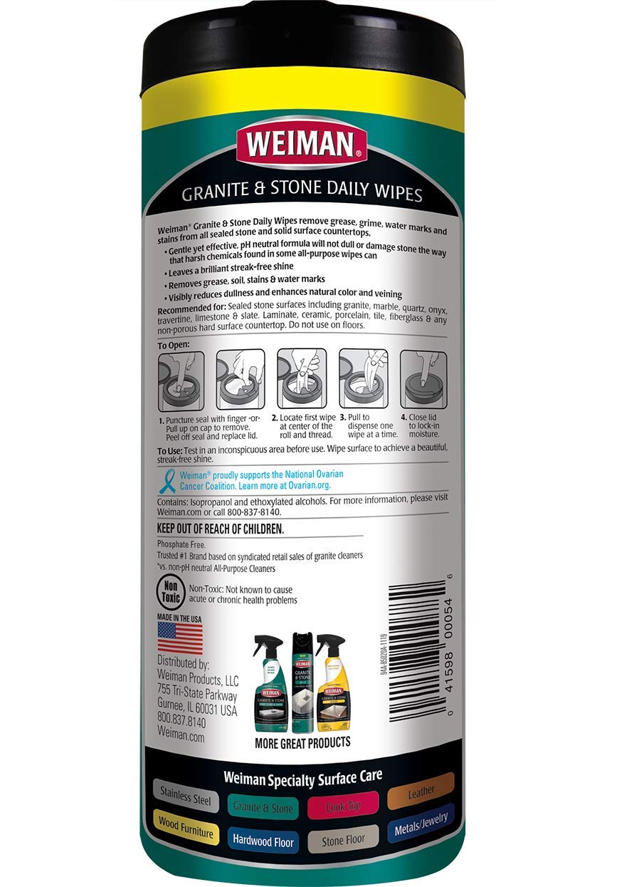 Weiman Granite Cleaner and Polish - 30 Wipes - For Granite Marble Soapstone Quartz Quartzite Slate Limestone Corian Laminate Tile Countertop and More : Health & Household