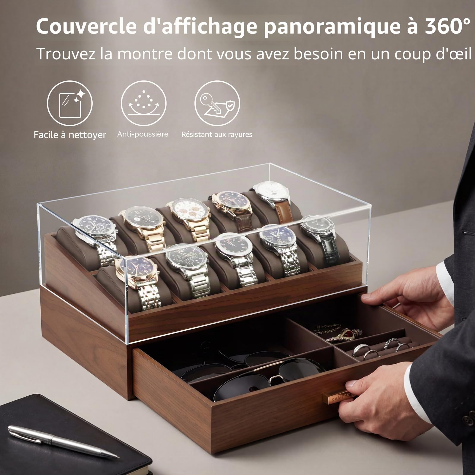 KAMIER Coffret Montres Homme, Bois 10 Emplacements, Écrin 2 Niveaux avec Couvercle Verre et Tiroir, Rangement Montres, Bagues et Lunettes de Soleil, Cadeau Élégant Homme Femme - Noyer