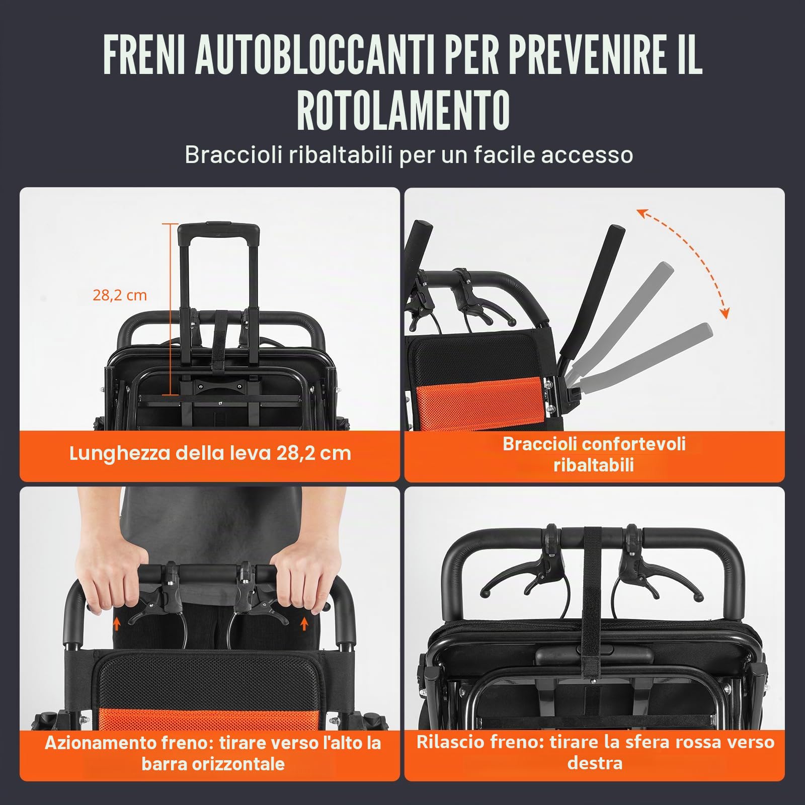 VEVOR Sedia a Rotelle Pieghevole per Adulti, Sedia da Trasporto Ultraleggera, con Braccioli Ribaltabili Lunghi Quanto Una Scrivania, Freno Autobloccante, Sedile Largo 45,72 cm Capacità di Peso 100 kg