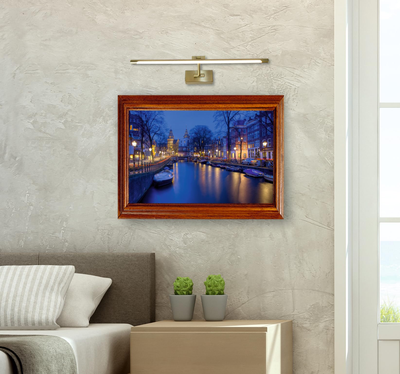 Aplique LED de pared para iluminar cuadros, espejos, murales, 10W tradicional y elegante,tono de luz cálida 3000K, Bronce envejecido, articulado y orientable. 59cm