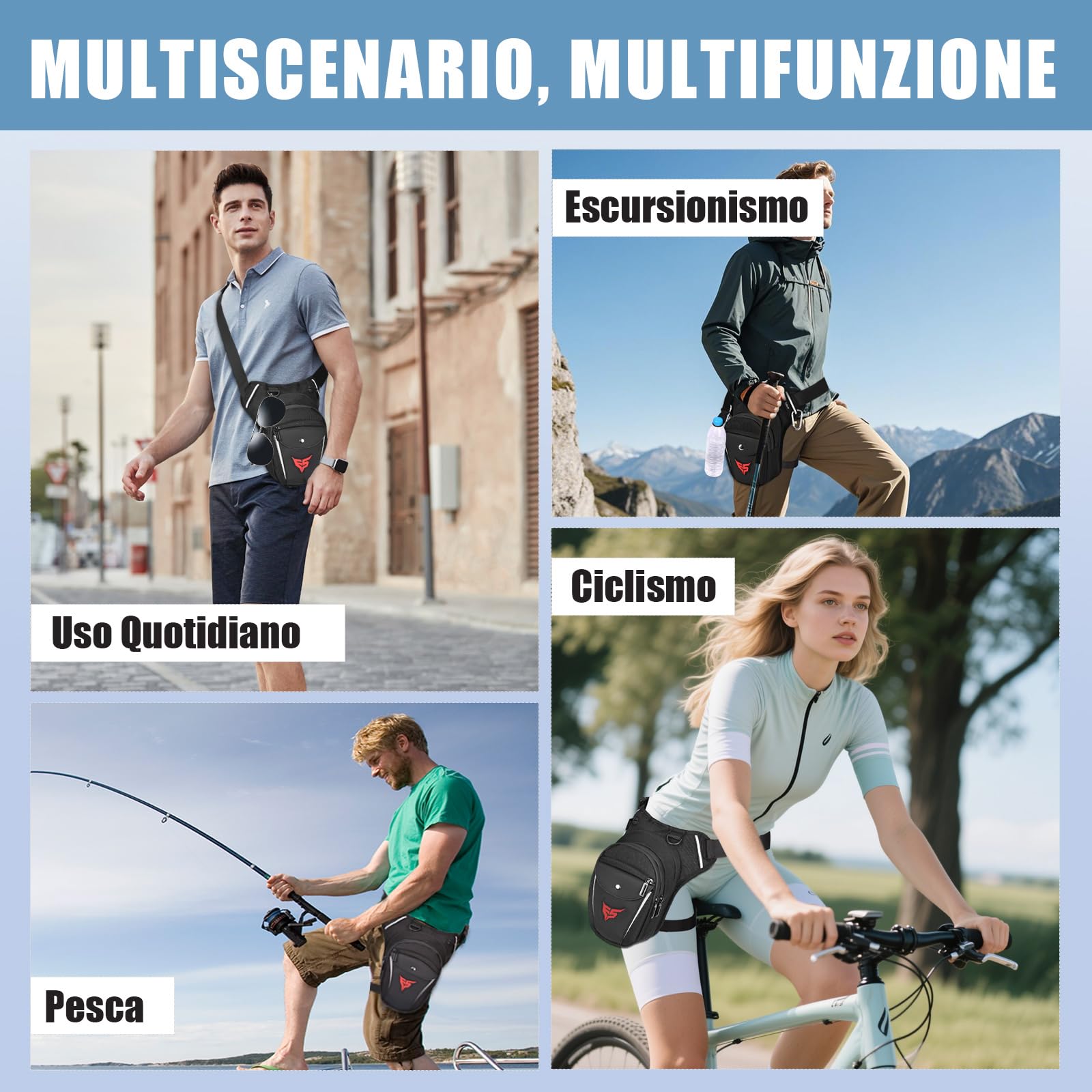 Eshow Marsupio da Gamba Moto Borsa Cosciale Espandibile con Fibbia Borraccia Striscia Riflettente per Trekking Ciclismo Viaggio