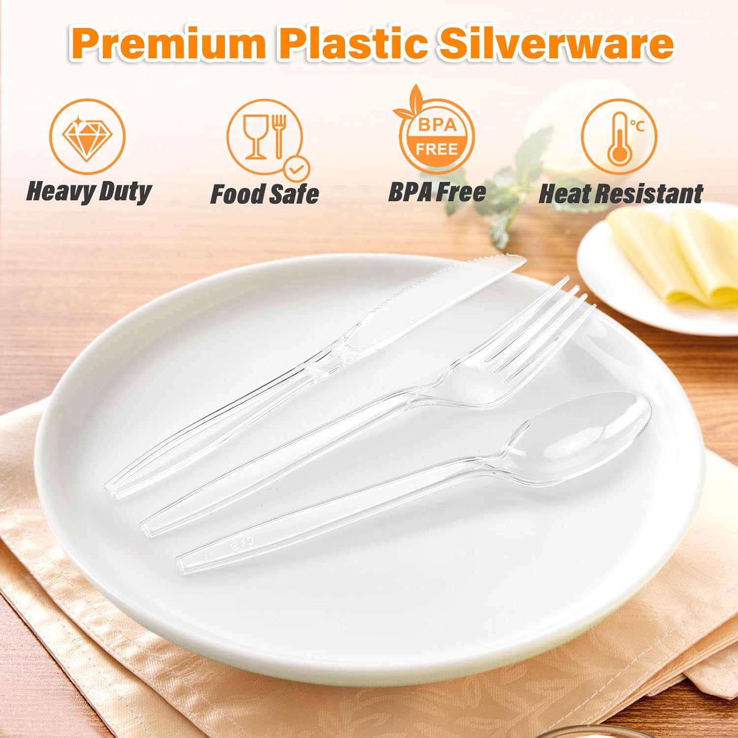 Heavy Duty Clear Plastic Sierware, 150 Forks, 150 Spoons, 60 Knives