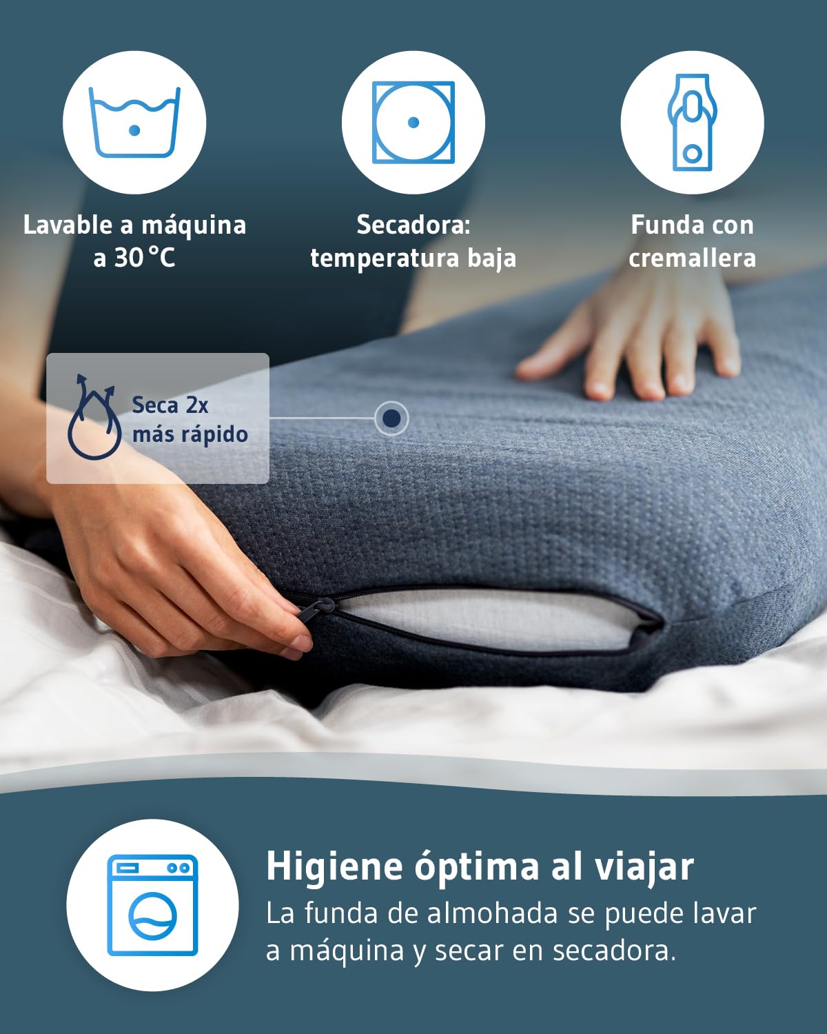 Third of Life Almohada de Viaje Volar Quickdry | Almohada Pequeña Ergonómica Viscoelástica | Funda Gris con Termorregulación y Secado Rápido | Cojín pequeño Tren, avión y Coche | Almohada Camping
