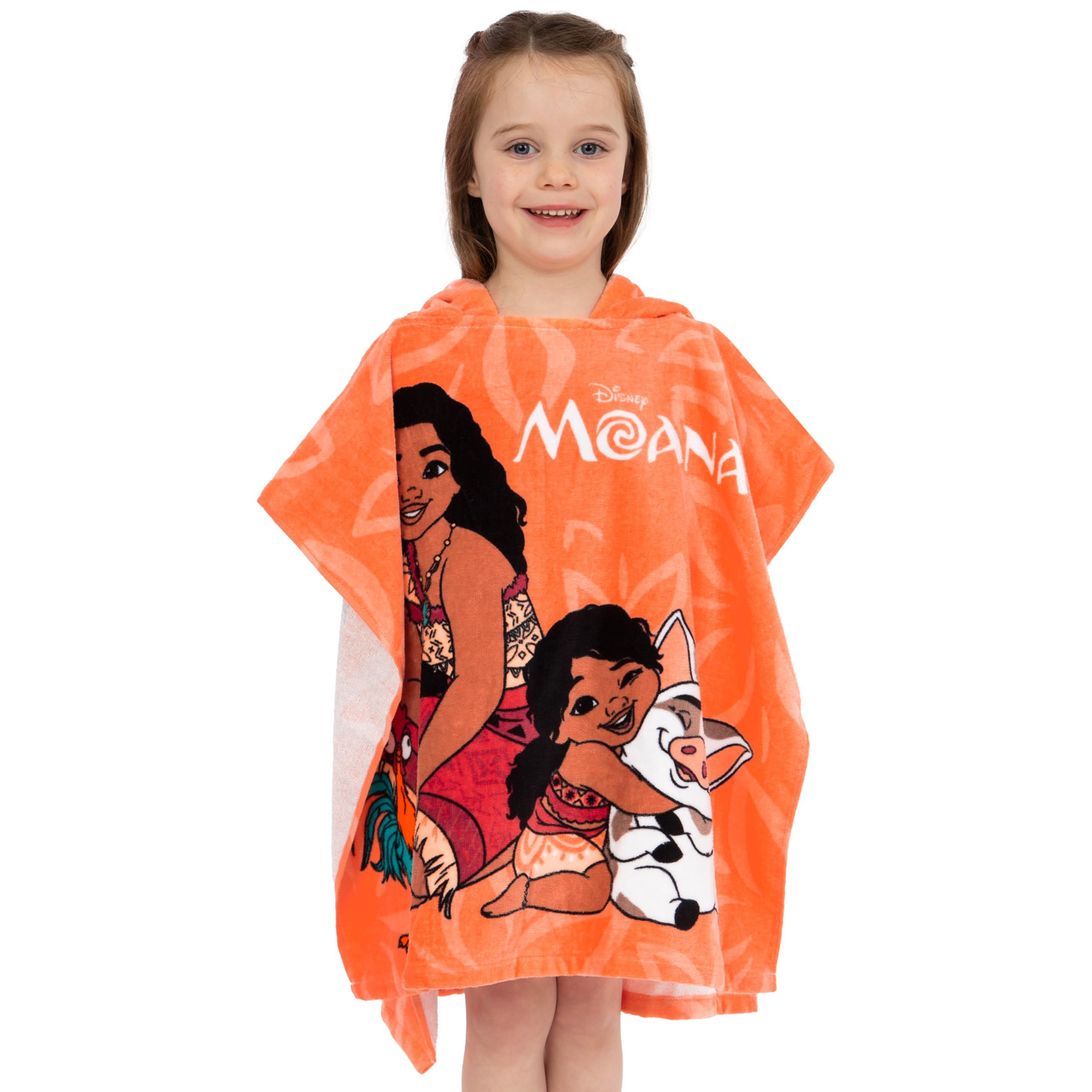 Disney Poncho | Ręcznik Poncho Vaiana dla Dzieci | Dziewczęcy Bawełniany Ręcznik Plażowy | Kąpielowy z Kapturem | Pływania | One Size | Pomarańczowy