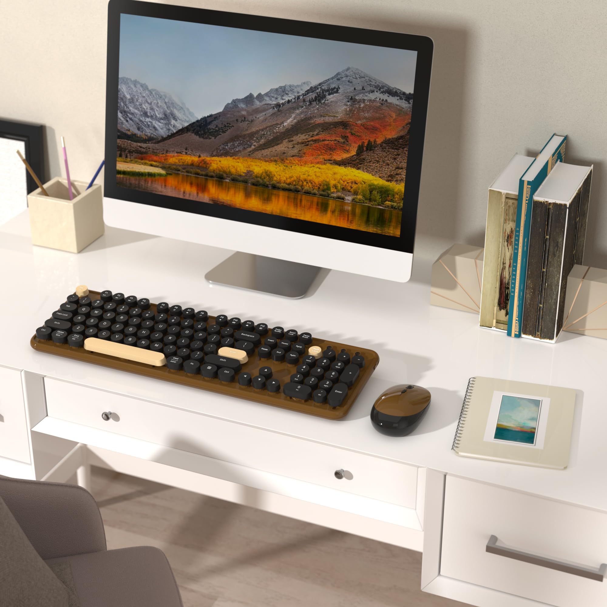Bezprzewodowe klawiatury komputerowe, kombinacje myszy, kolorowa maszyna do pisania, retro klawiatura z okrągłymi nasadkami klawiszy, zestaw klawiatury i myszy USB 2,4 GHz, pełnowymiarowa
